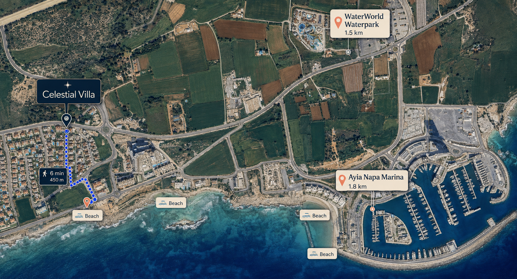 Map showing Celestial Villa a six-minute walk from the nearest beach, 1.5 kilometres from WaterWorld and 1.8 kilometres from Ayia Napa Marina